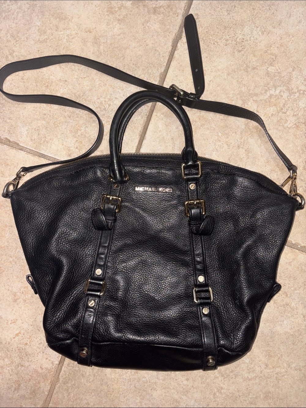 Michael Kors Black Pebbled Leather Shoulder Bag with Gold Hardware